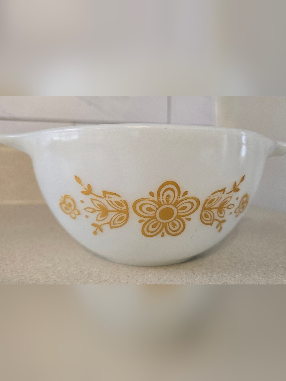 Pyrex White Mixing Bowl with Gold Floral Pattern
